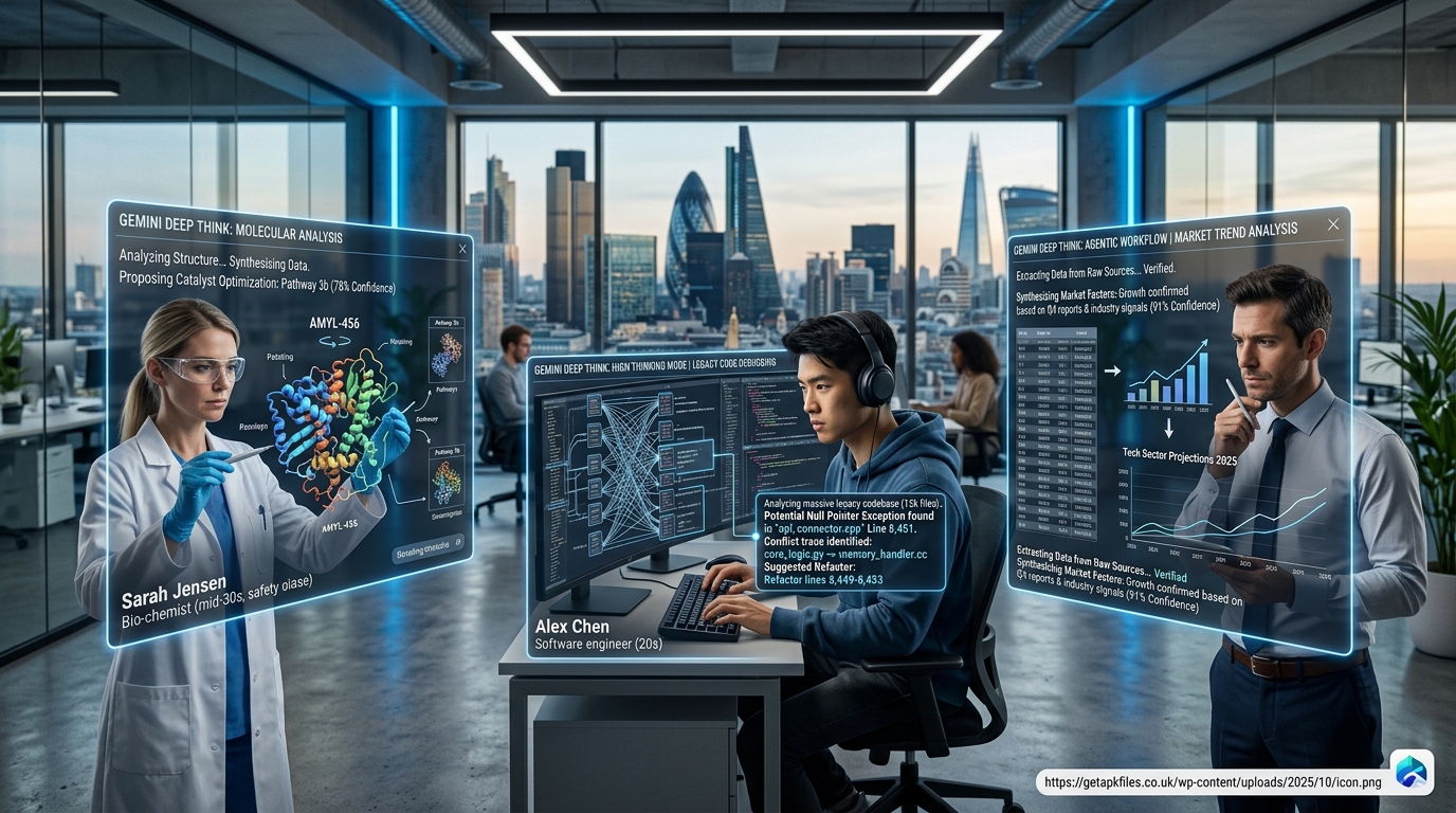 Photo-realistic image showing real-world enterprise applications of Deep Think in pharmacology, software engineering, and logistics
