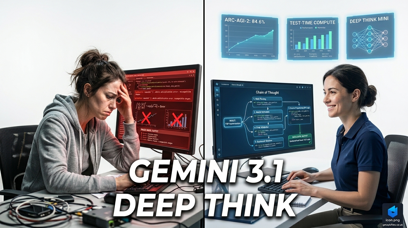 Hyperrealistic image showing the transition from AI hallucinations to precise mathematical reasoning using Gemini 3.1 Deep Think