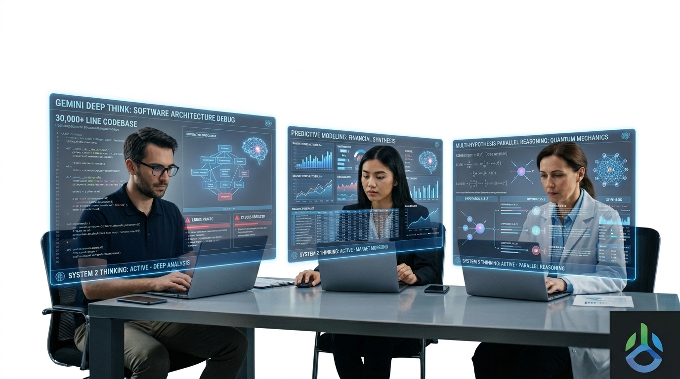 Photo-realistic image showing real-world applications of Gemini Deep Think solving complex coding and mathematical logic problems