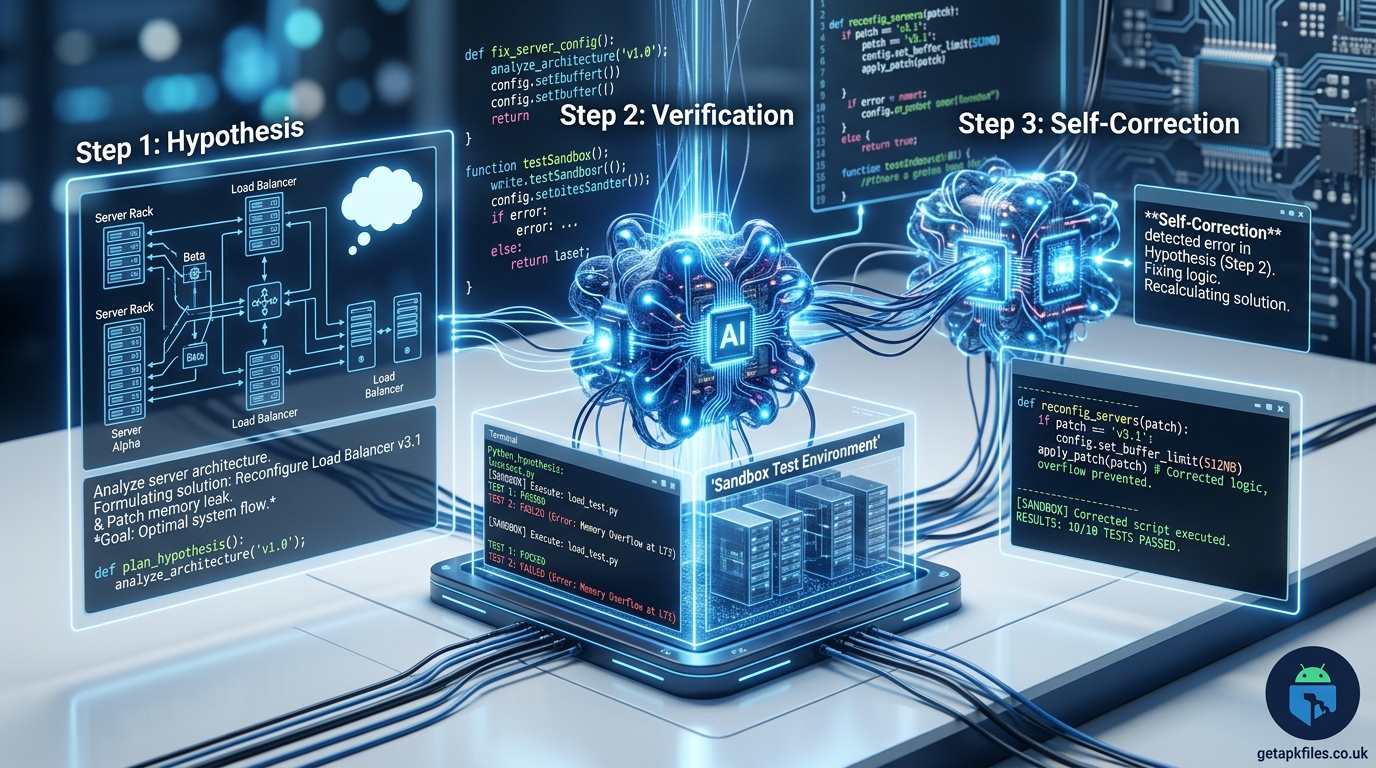 Photo-realistic image showing the step-by-step self-correction reasoning process of the Deep Think AI model