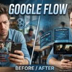 Hyperrealistic image showing the transition from glitchy AI tools to the cinematic Google Flow mobile interface