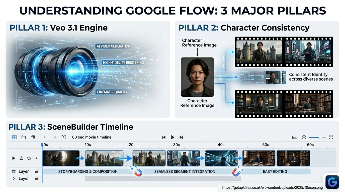 Infographic showing the 3 core features of Google Flow including Veo 3.1, Character Consistency, and SceneBuilder