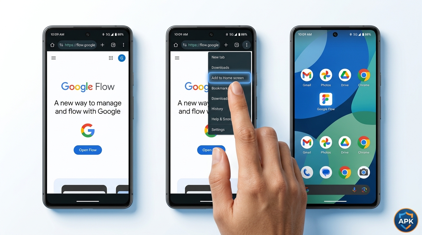 Photo-realistic guide showing the step-by-step process of installing Google Flow as a PWA on an Android home screen