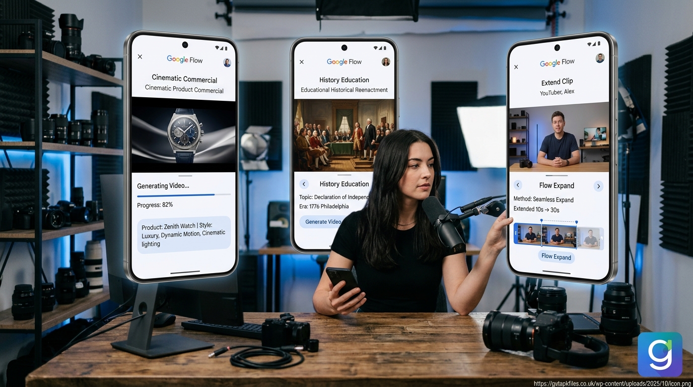 Photo-realistic image showing real-world applications of Google Flow for marketers, educators, and YouTubers