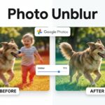 Hyperrealistic before and after of a blurry family photo fixed by Google Photo Unblur AI
