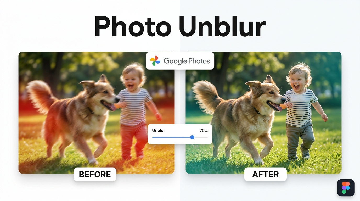 Hyperrealistic before and after of a blurry family photo fixed by Google Photo Unblur AI