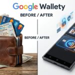 Hyperrealistic before and after showing a bulky physical wallet versus a secure Google Wallet digital ID on a smartphone