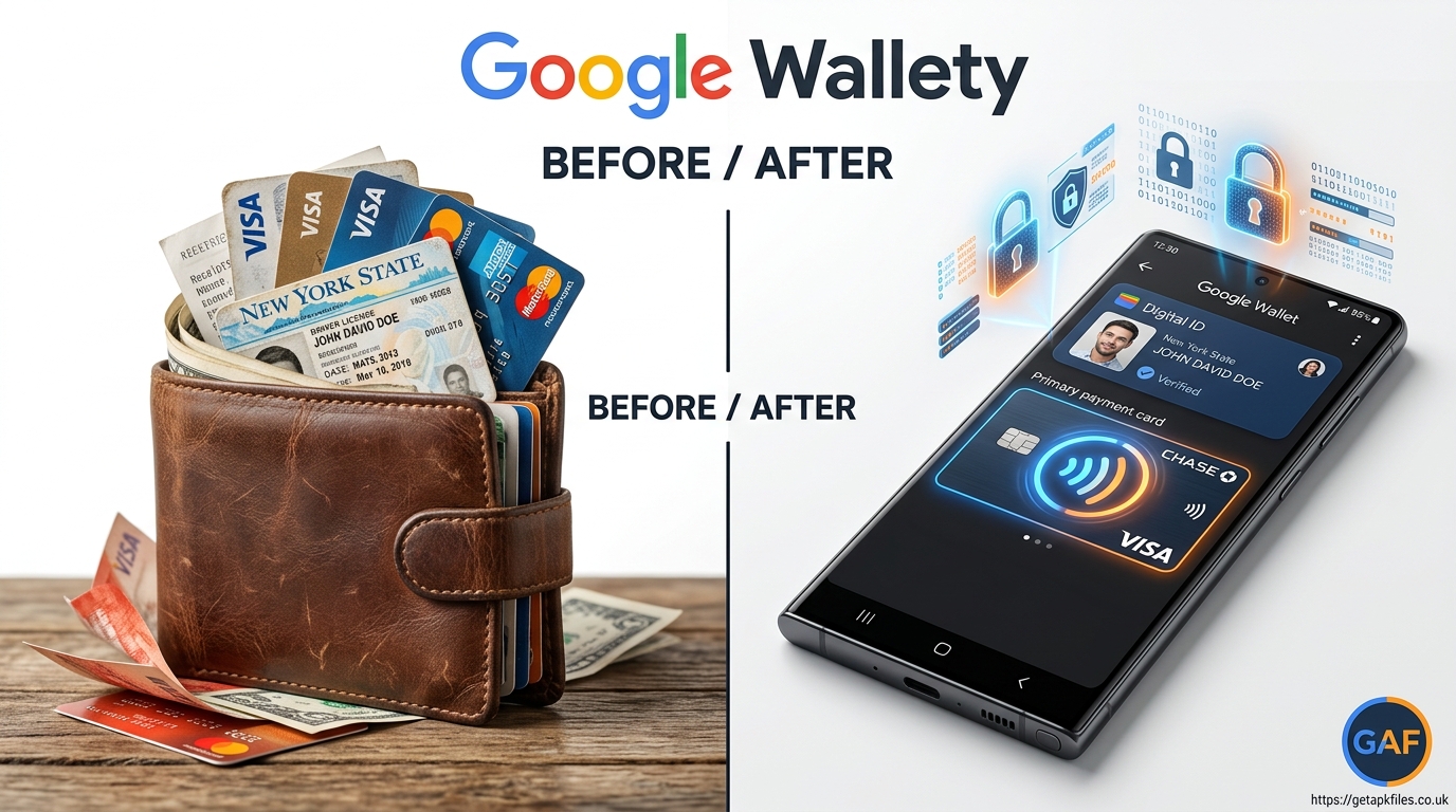 Hyperrealistic before and after showing a bulky physical wallet versus a secure Google Wallet digital ID on a smartphone