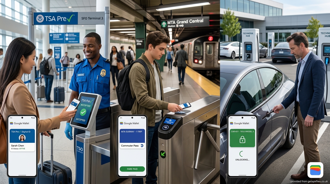 Real world examples of Google Wallet being used for TSA checkpoints, transit passes, and digital car keys
