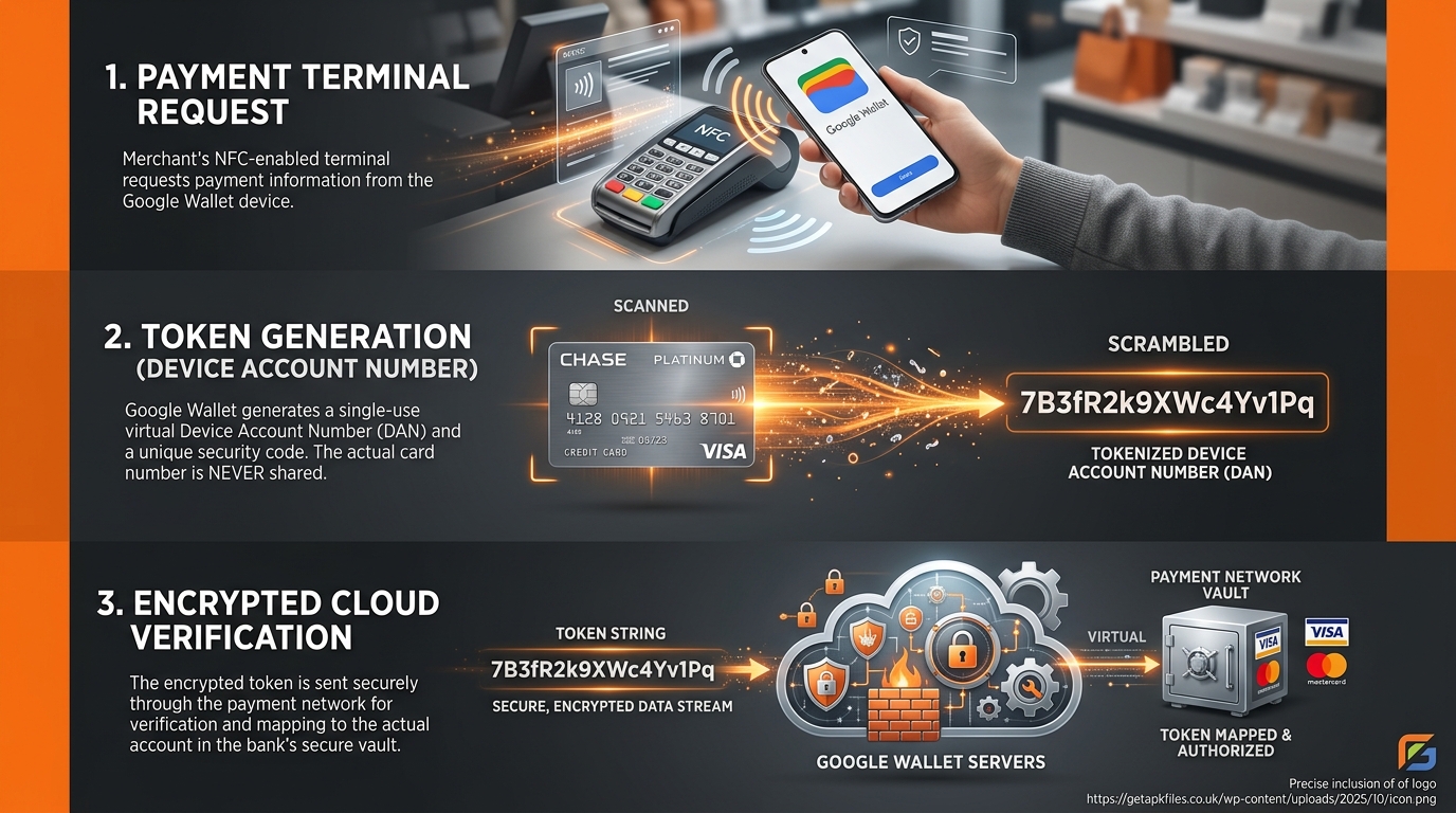 Infographic detailing how Google Wallet uses tokenization instead of real credit card numbers