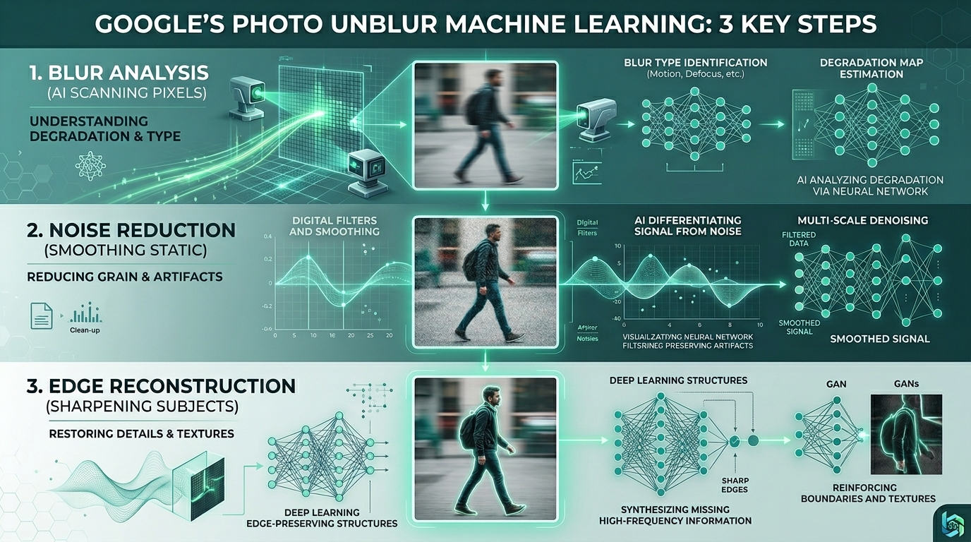 Infographic detailing the 3 steps of Google Photo Unblur: Blur Analysis, Noise Reduction, and Edge Reconstruction