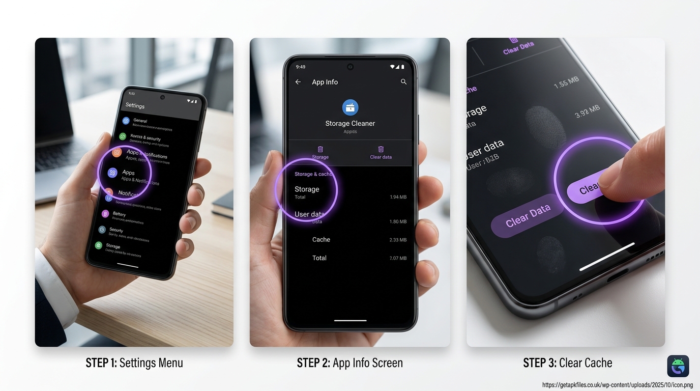 Photo-realistic step-by-step guide showing exactly where to press Clear Cache in Android settings
