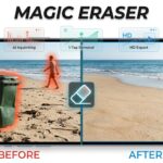 Hyperrealistic image showing before and after of removing a photobomber from a beach photo using Magic Eraser