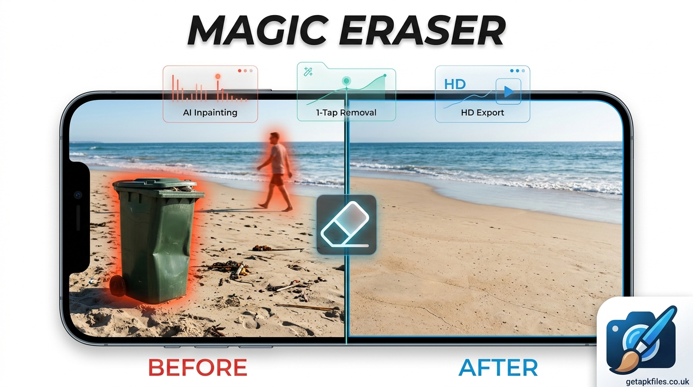 Hyperrealistic image showing before and after of removing a photobomber from a beach photo using Magic Eraser