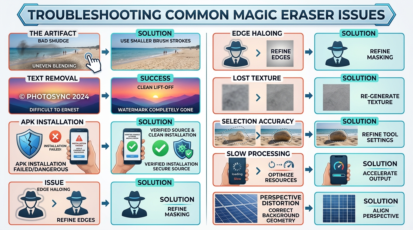 Infographic showing troubleshooting steps for ghosting artifacts, text removal, and safe APK installation