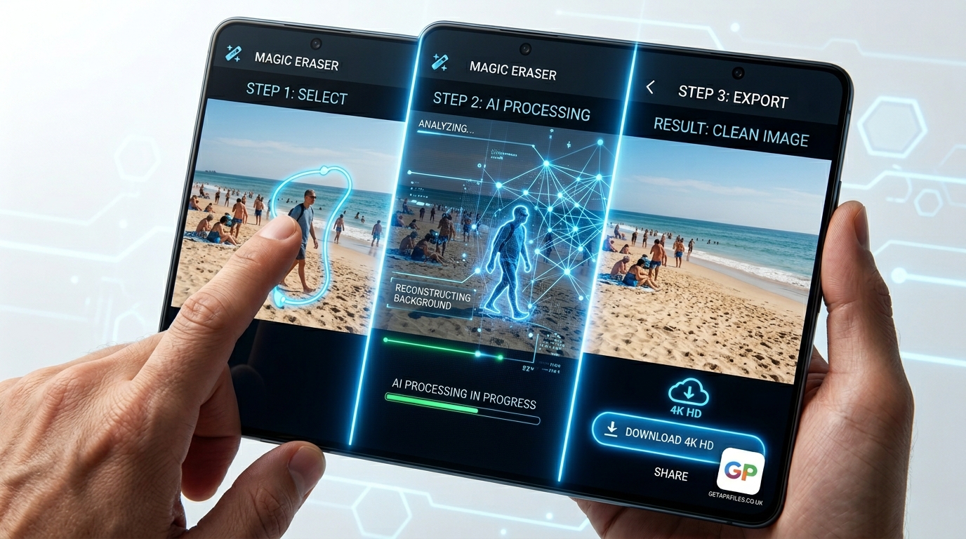Photo-realistic image showing the 3-step process of selecting, processing, and exporting with Magic Eraser