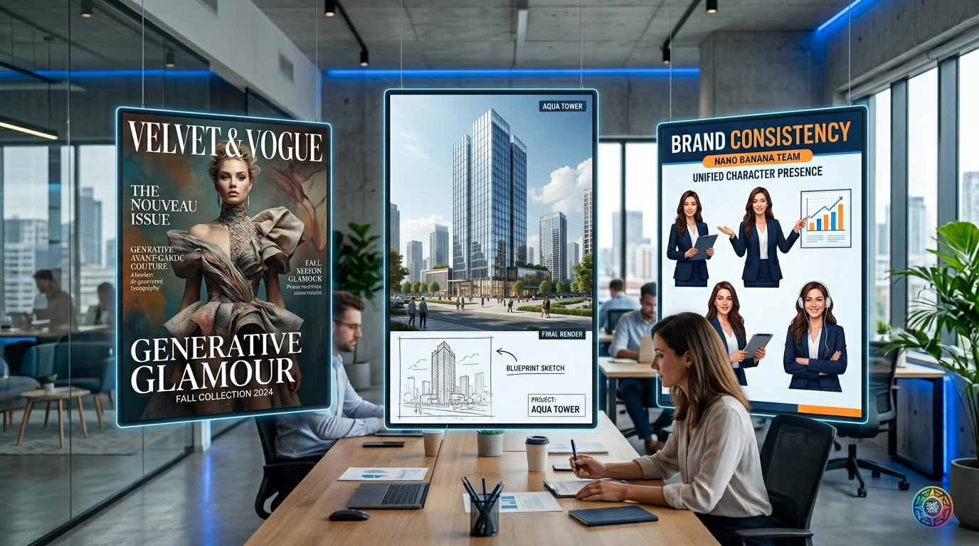 Photo-realistic image showing real-world commercial applications of Nano Banana Pro for magazine covers, architecture, and marketing infographics