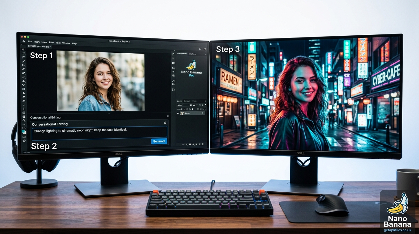 Photo-realistic guide showing the step-by-step process of using natural language to change cinematic lighting while maintaining character consistency in Nano Banana Pro