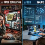 Hyperrealistic image showing the transition from glitchy legacy AI generation to the flawless, text-accurate rendering of Nano Banana Pro