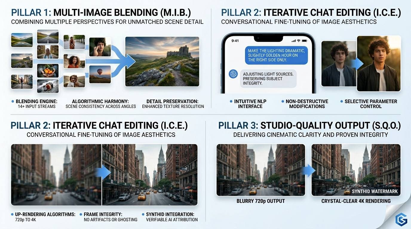 Infographic showing the 3 core features of Nano Banana Pro including 14-image blending, conversational chat editing, and 4K upscaling