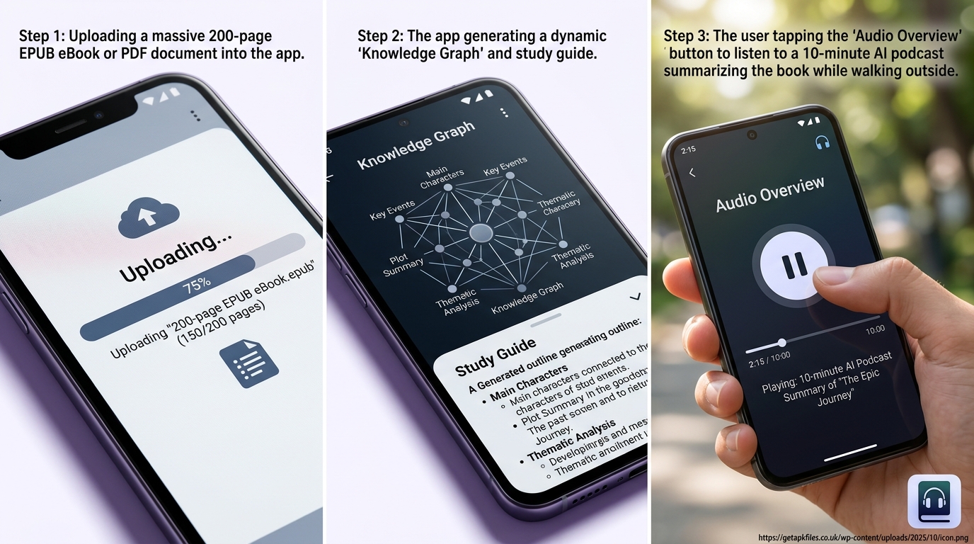 Photo-realistic guide showing the step-by-step process of uploading documents and generating an Audio Overview podcast in NotebookLM