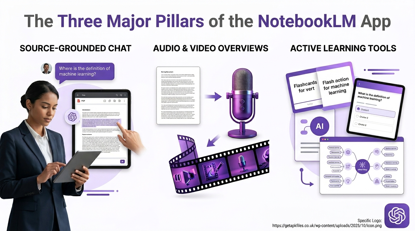 Infographic showing the 3 core features of the NotebookLM app including Source-Grounded Chat, Audio Overviews, and Active Learning Tools