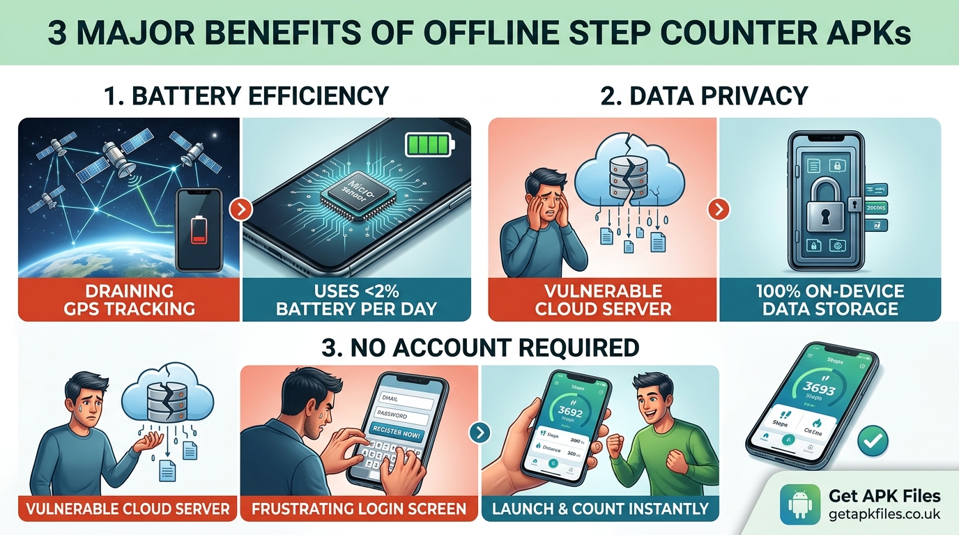 Infographic showing the battery, privacy, and accessibility benefits of using an offline step counter APK