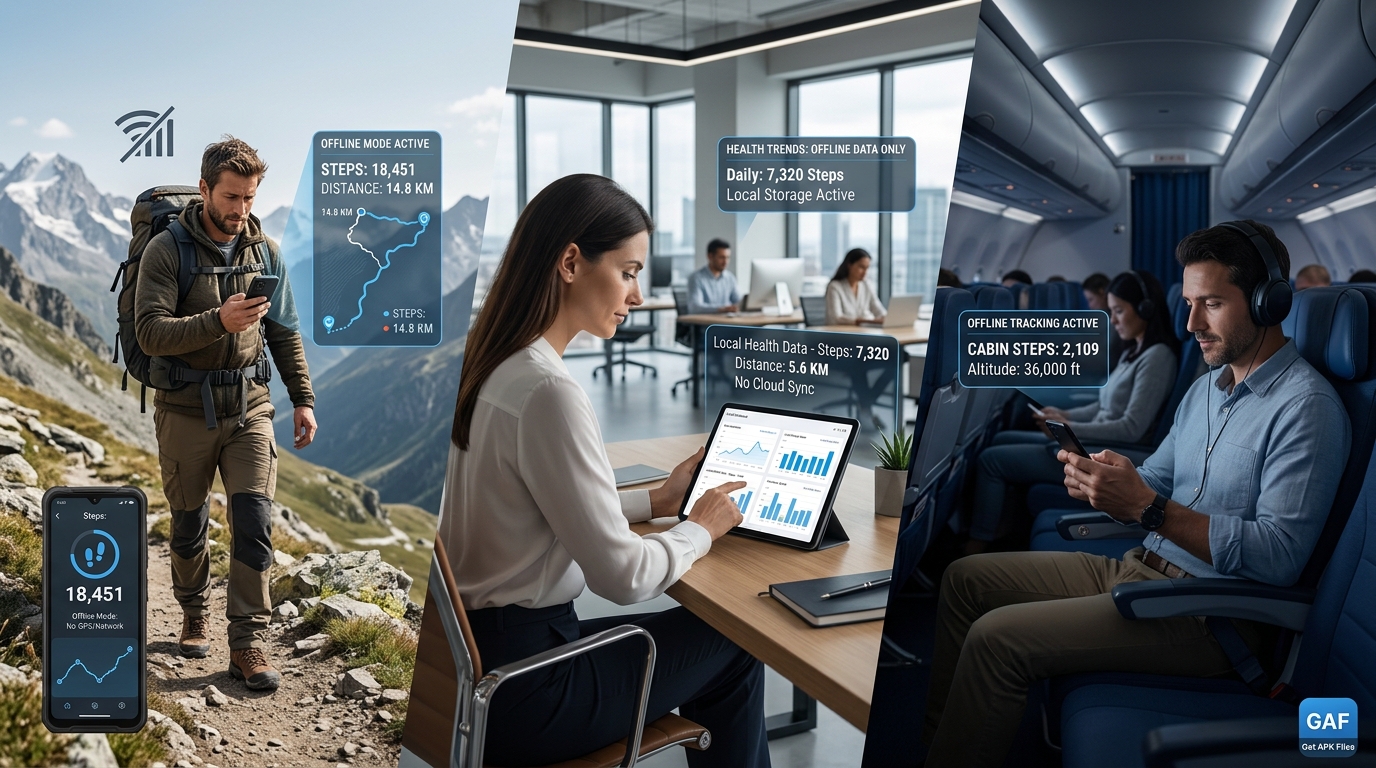 Photo-realistic image showing real-world applications of offline step counters in remote and privacy-focused environments
