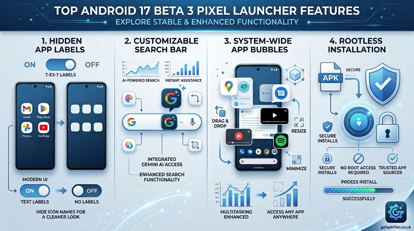Infographic detailing Android 17 Pixel Launcher features like hidden labels, custom search, and app bubbles