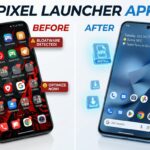 Hyperrealistic before and after of a cluttered Android phone versus the clean Android 17 Pixel Launcher