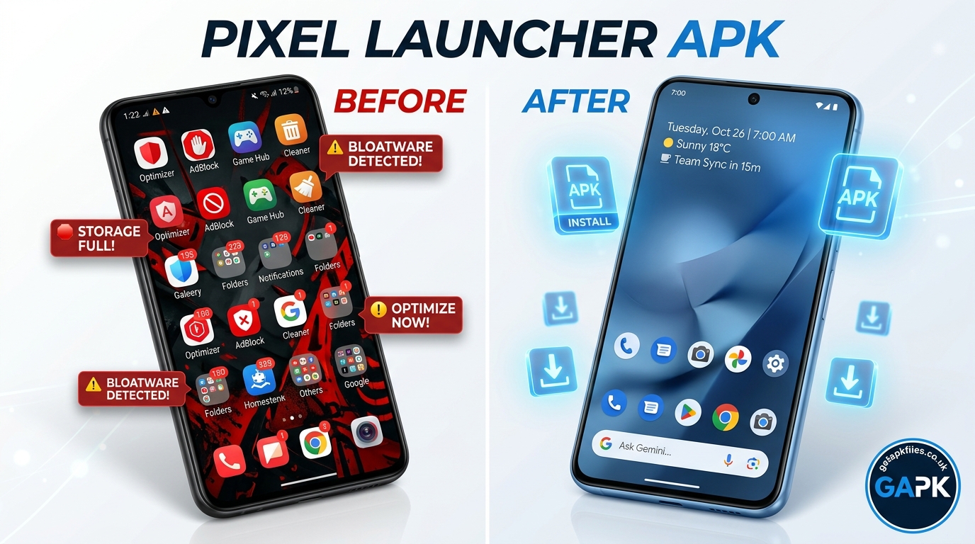 Hyperrealistic before and after of a cluttered Android phone versus the clean Android 17 Pixel Launcher