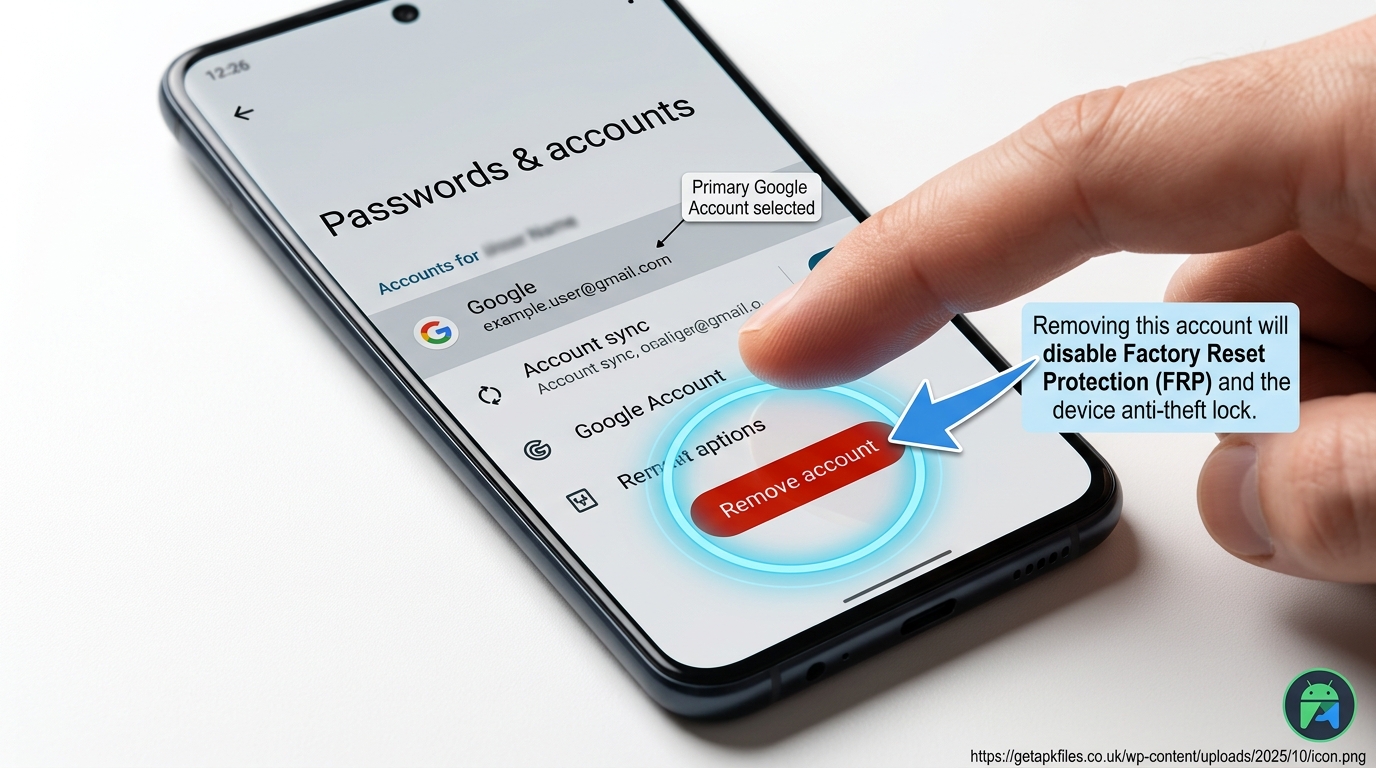 Photo-realistic guide showing how to remove a Google account to disable FRP before a factory reset