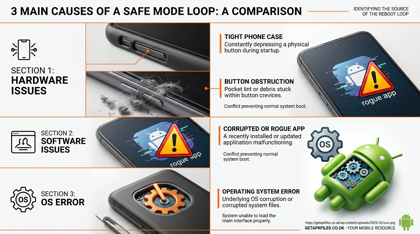 Infographic detailing the hardware and software reasons a smartphone gets stuck in an infinite Safe Mode loop