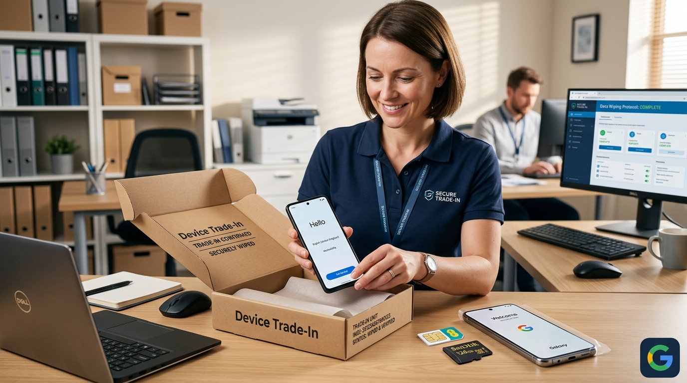 Photo-realistic image showing a user confidently packing a fully wiped Android phone for a trade-in program
