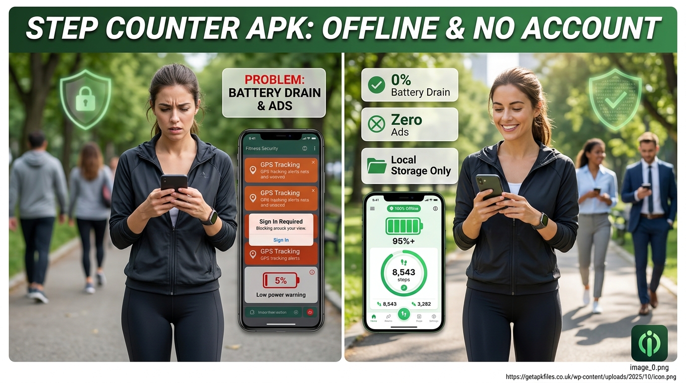 Hyperrealistic image showing the transition from battery-draining online fitness apps to a secure, offline Step Counter APK
