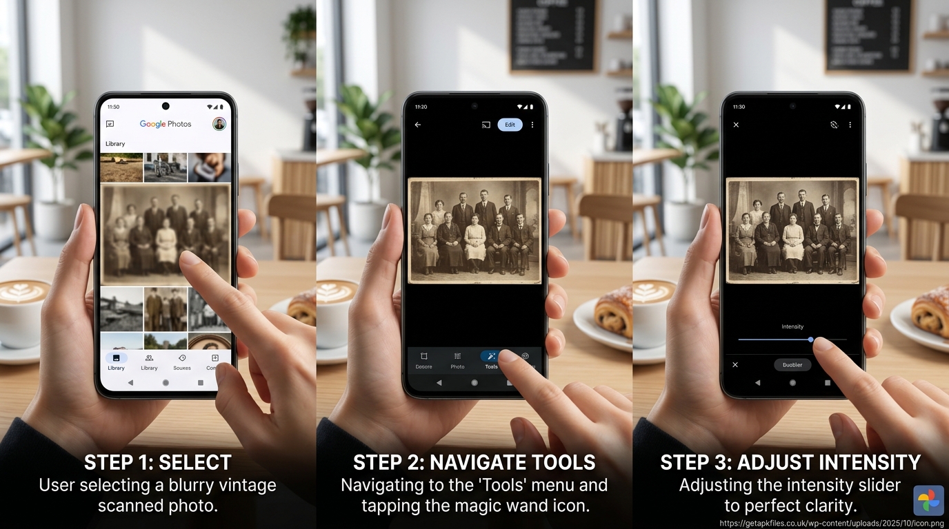 Step-by-step visual guide on how to find and use the Unblur tool inside the Google Photos app