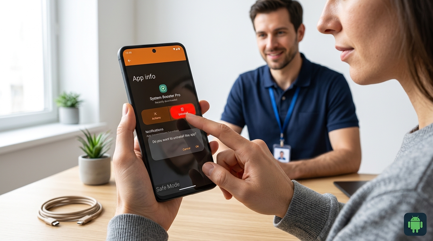 Photo-realistic image showing a user uninstalling a corrupted third-party application while in Safe Mode