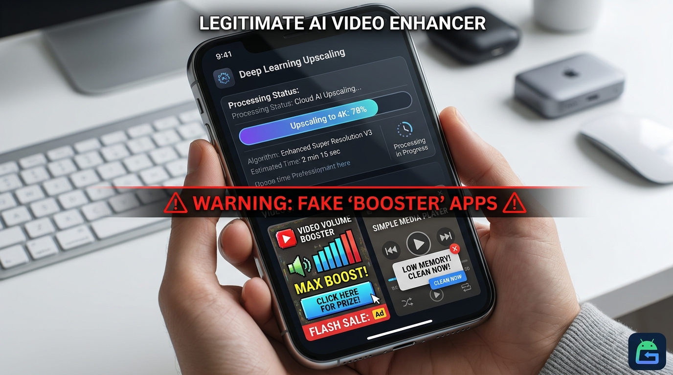 Photo-realistic image showing the difference between genuine cloud AI video enhancers and fake volume booster malware apps