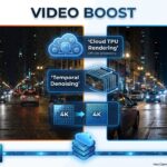 Hyperrealistic image showing before and after of a grainy night video enhanced by Cloud AI Video Boost